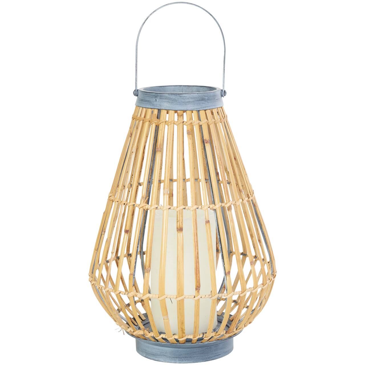 16" Brown Bamboo Handmade Open Framed Candle Lantern with Blue Metal Accents & Handle